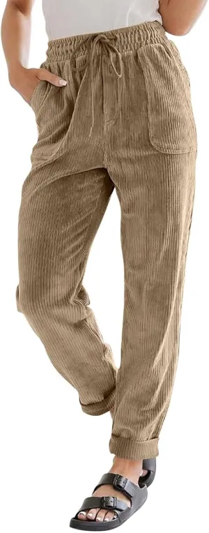 Vintage Corduroy Pants for Women Casual Drawstring Elastic High Waist Straight Leg Pants Loose Comfy Trousers with Pockets
