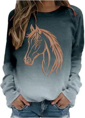 Vintage Horse Print Sweatshirts for Women Riding Horse Lover Long Sleeve Crew Neck Pullover Tops Casual Loose Shirts