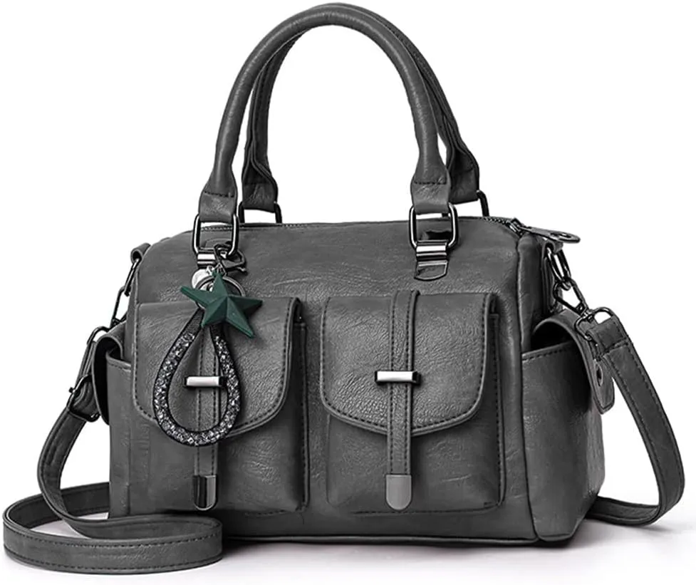 Vintage Satchel Handbags Women Medium Purse with Top Handle Vegan Leather Crossbody Shoulder Bag Multiple Pockets