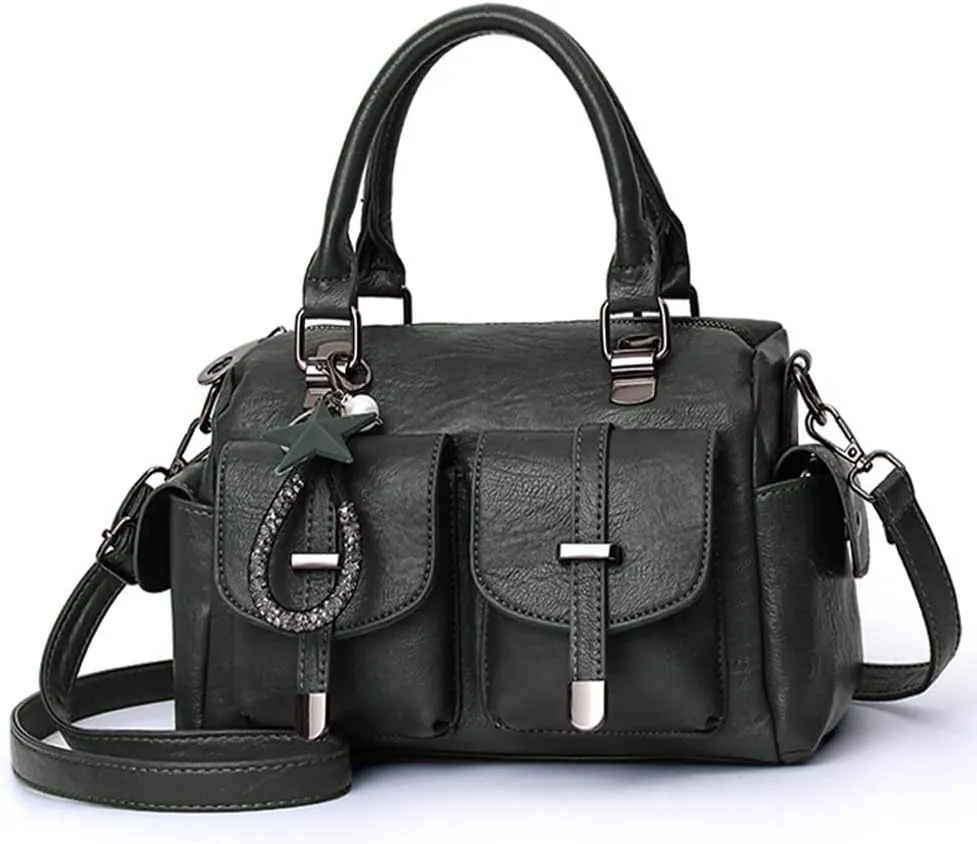 Vintage Satchel Handbags Women Medium Purse with Top Handle Vegan Leather Crossbody Shoulder Bag Multiple Pockets
