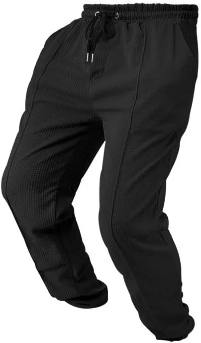 Waffle Pants for Men Plus Size Drawstring Elastic Waist Trousers with Pockets Summer Loose Lightweight Beach Pant