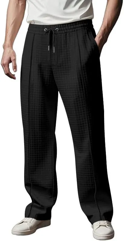 Waffle Pants for Men Plus Size Drawstring Elastic Waist Trousers with Pockets Summer Loose Lightweight Beach Pant