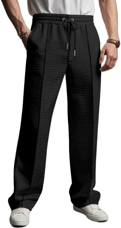 Waffle Pants for Men Plus Size Drawstring Elastic Waist Trousers with Pockets Summer Loose Lightweight Beach Pant