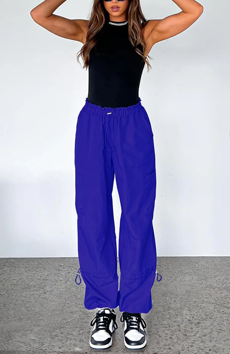 Waitfairy Cargo Pants Women Drawstring Elastic Waist Baggy Parachute Pants Woman Y2K Bottoms with Multiple Pockets
