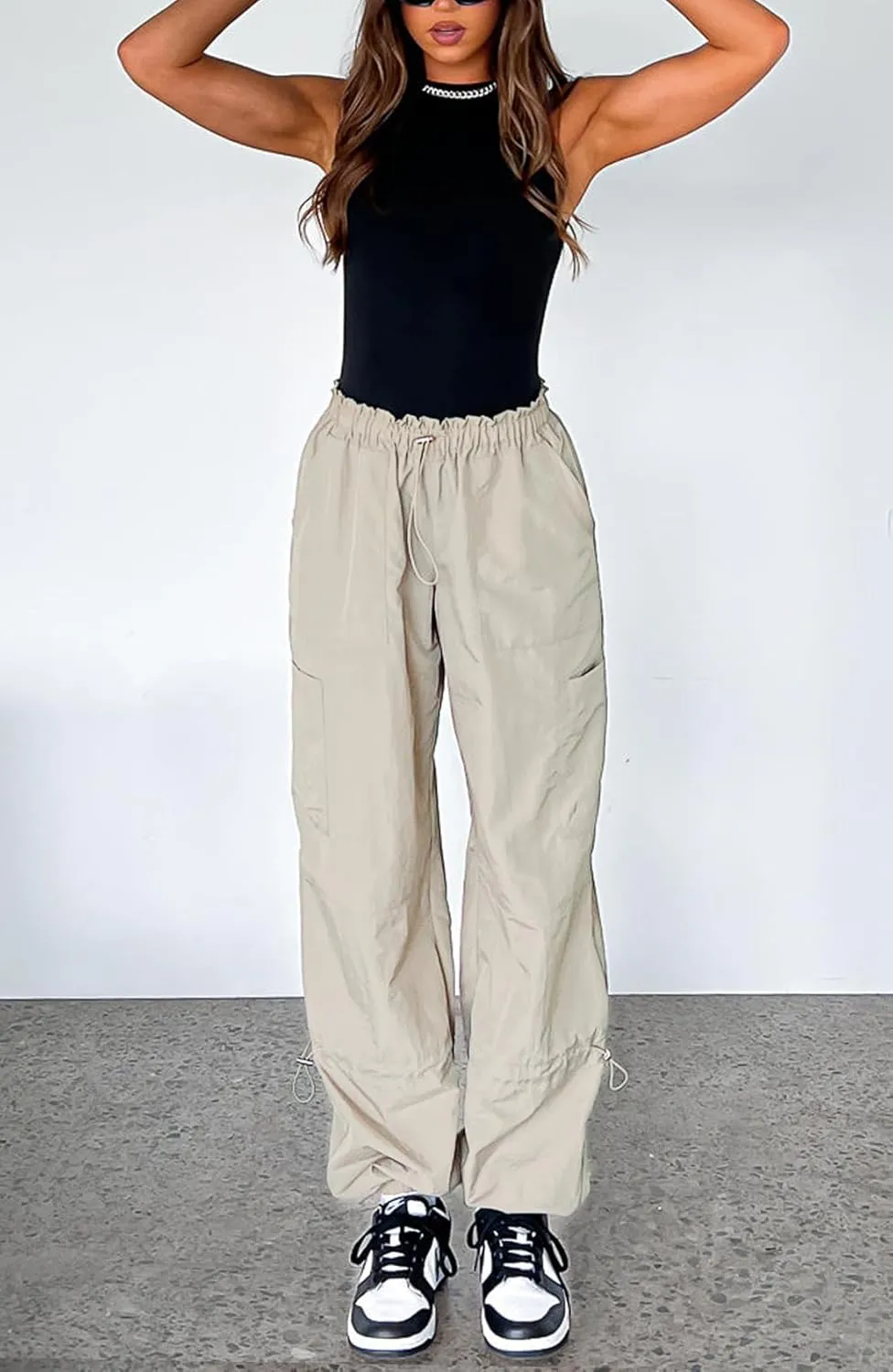 Waitfairy Cargo Pants Women Drawstring Elastic Waist Baggy Parachute Pants Woman Y2K Bottoms with Multiple Pockets