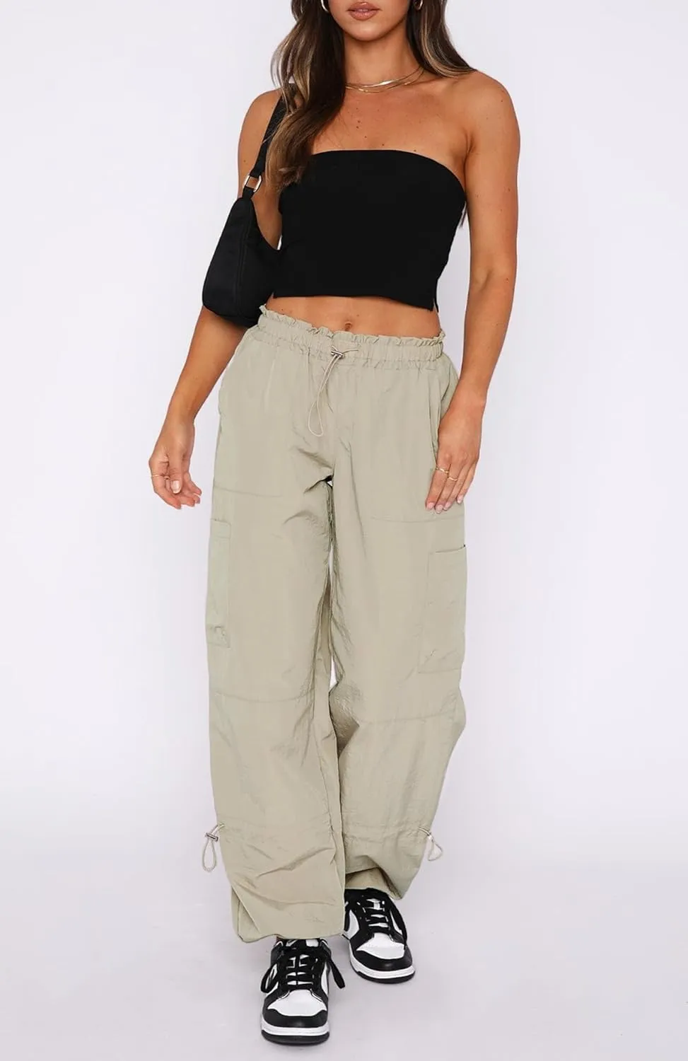 Waitfairy Cargo Pants Women Drawstring Elastic Waist Baggy Parachute Pants Woman Y2K Bottoms with Multiple Pockets
