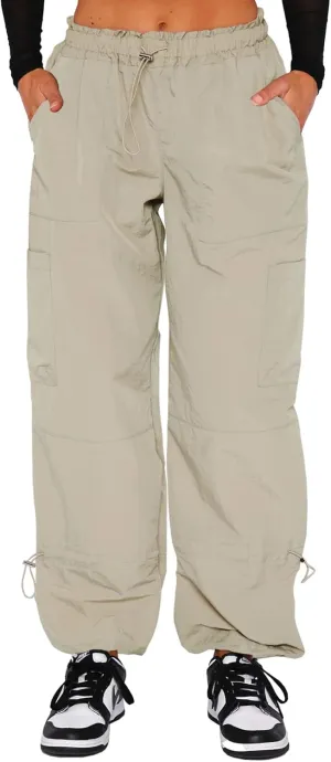 Waitfairy Cargo Pants Women Drawstring Elastic Waist Baggy Parachute Pants Woman Y2K Bottoms with Multiple Pockets