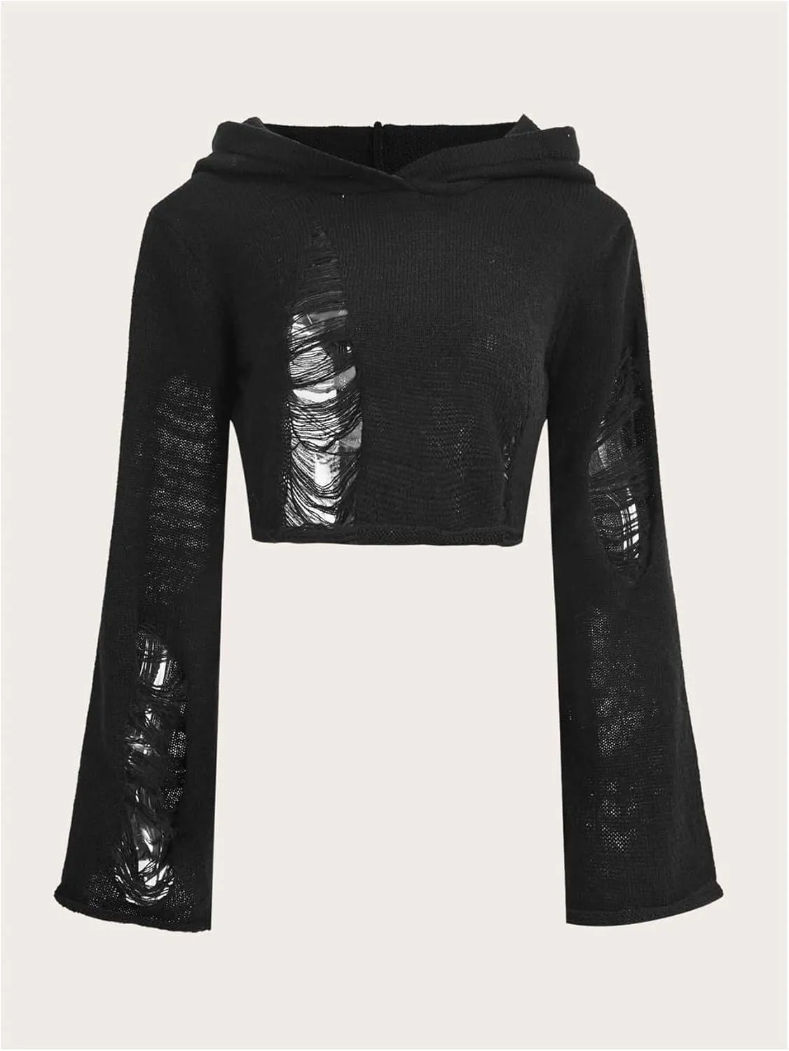 WDIRARA Women's Ripped Hollow Out Y2K Cropped Pullover Bell Sleeve Hooded Neck Hoodie Sweaters
