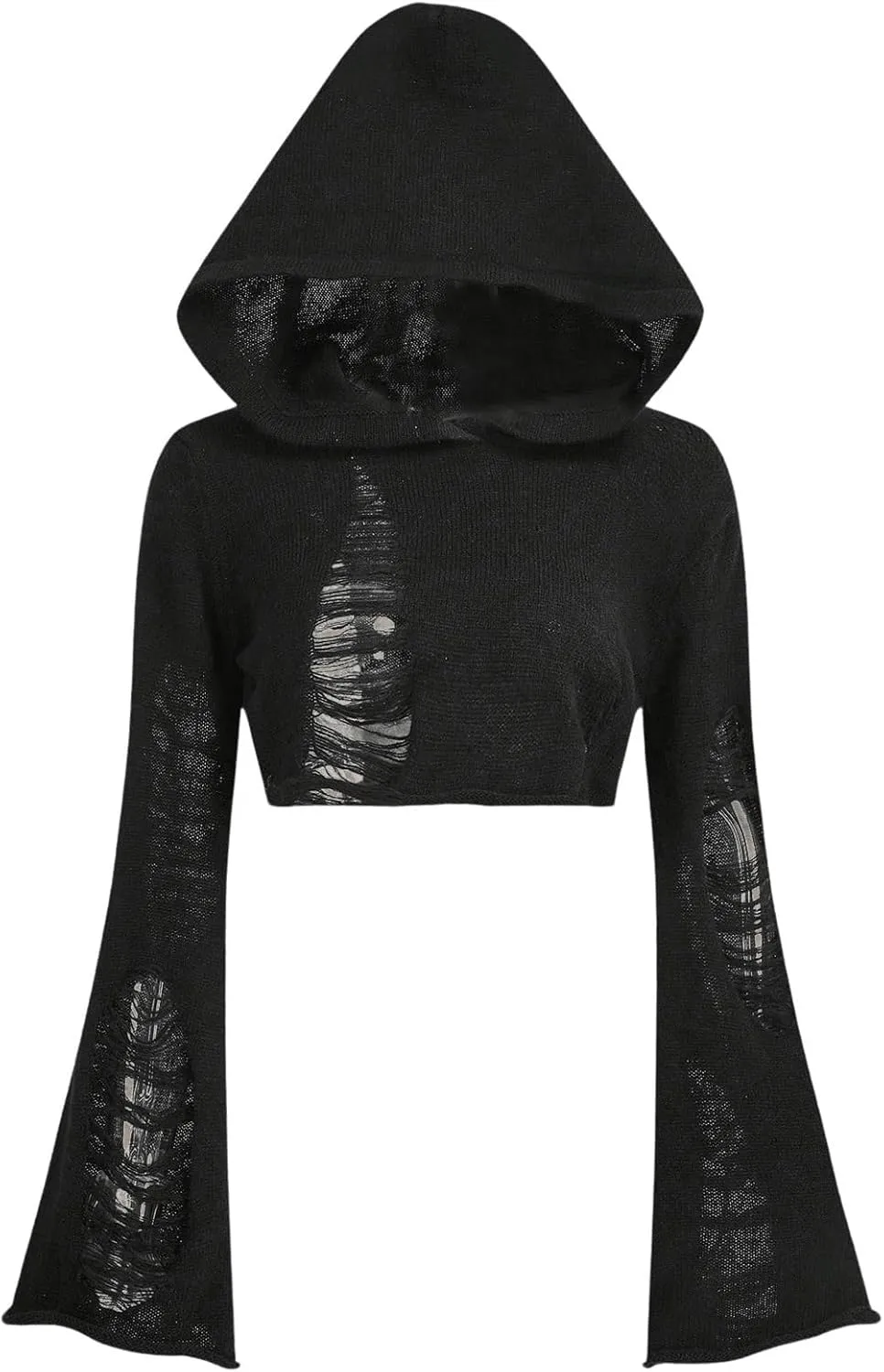 WDIRARA Women's Ripped Hollow Out Y2K Cropped Pullover Bell Sleeve Hooded Neck Hoodie Sweaters