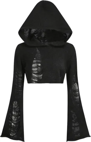 WDIRARA Women's Ripped Hollow Out Y2K Cropped Pullover Bell Sleeve Hooded Neck Hoodie Sweaters