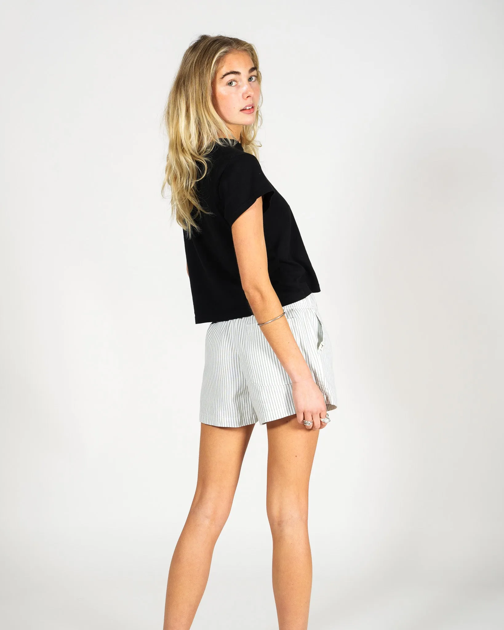 White & Green Pinstripe Short Shorts