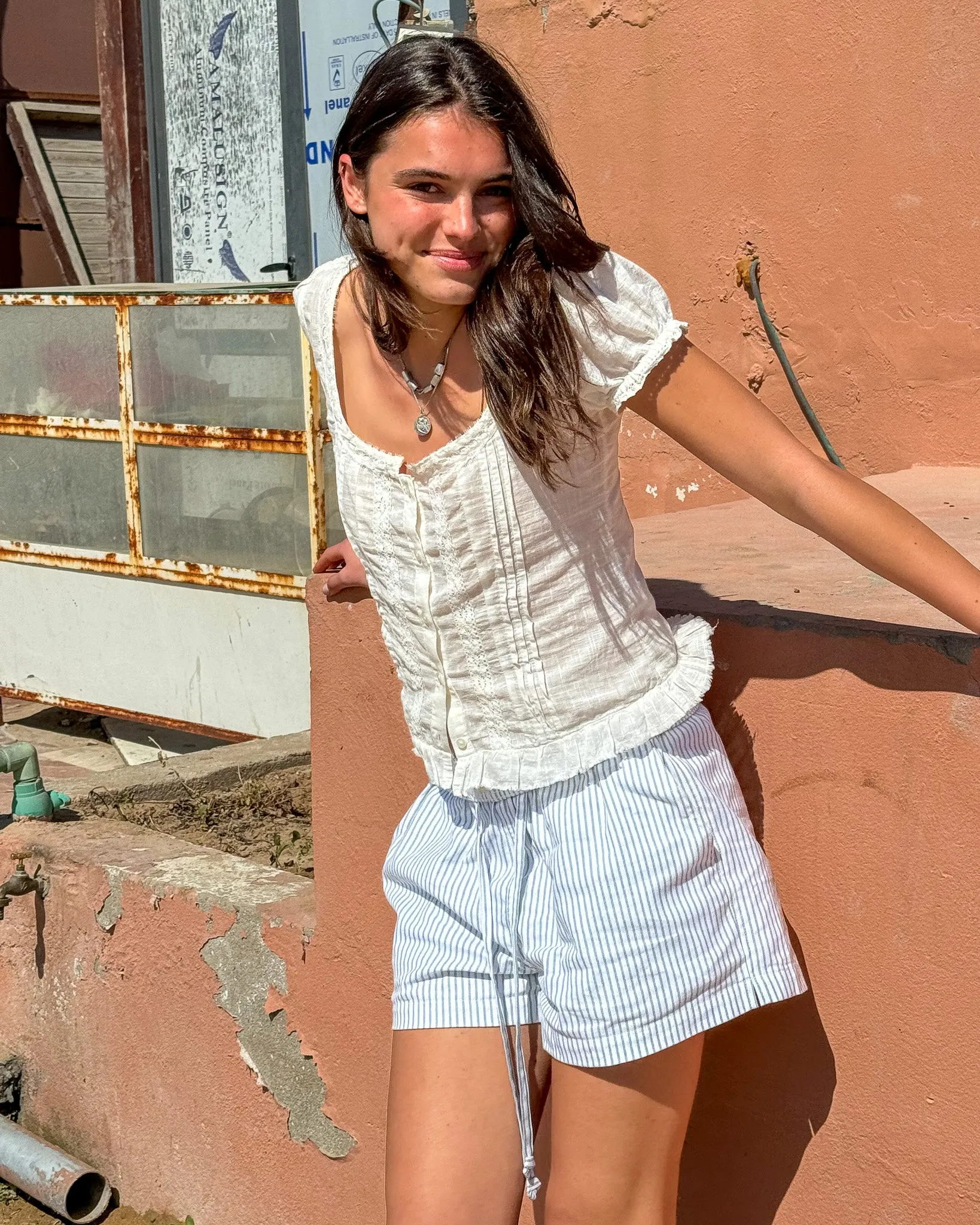 White & Green Pinstripe Short Shorts