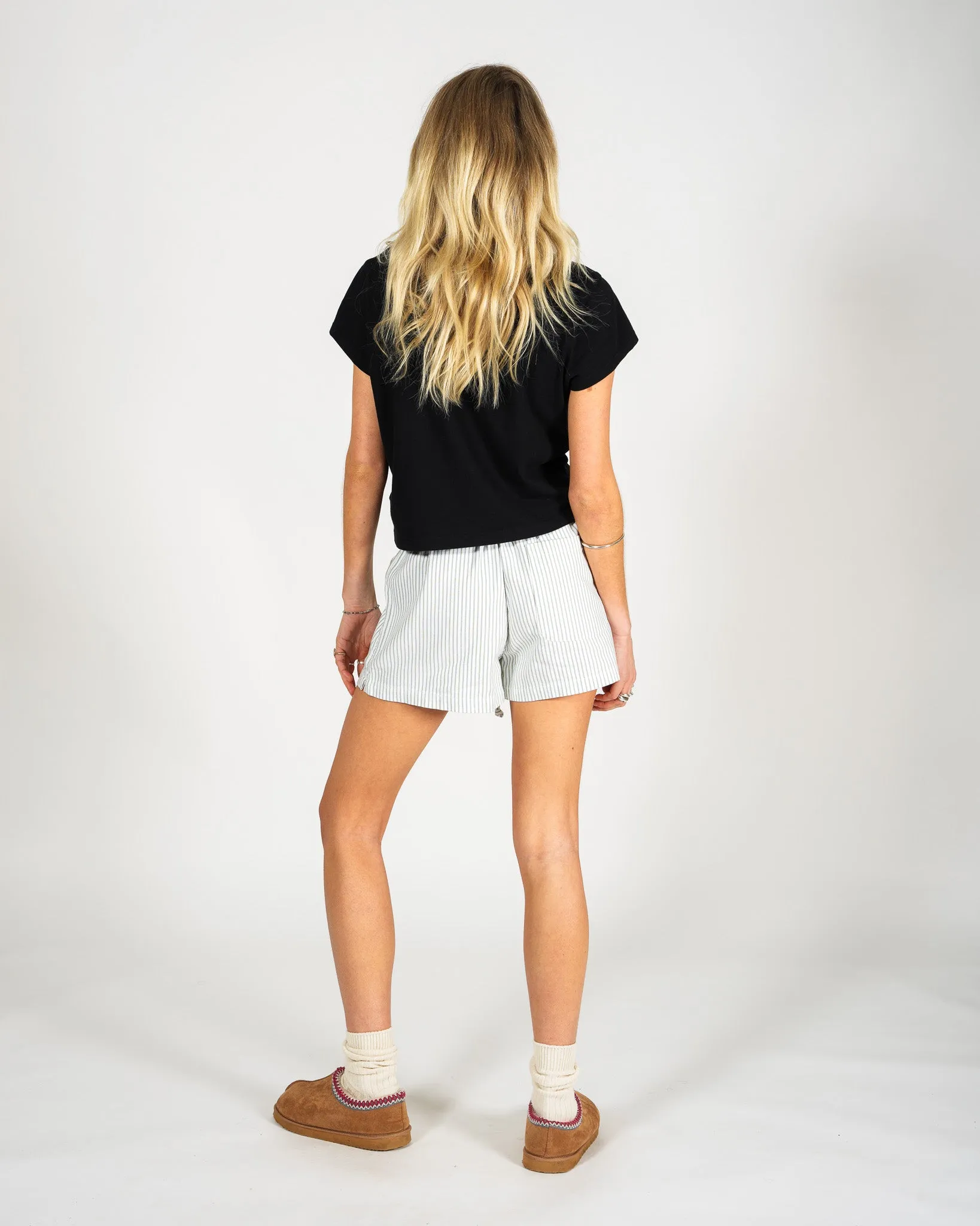 White & Green Pinstripe Short Shorts