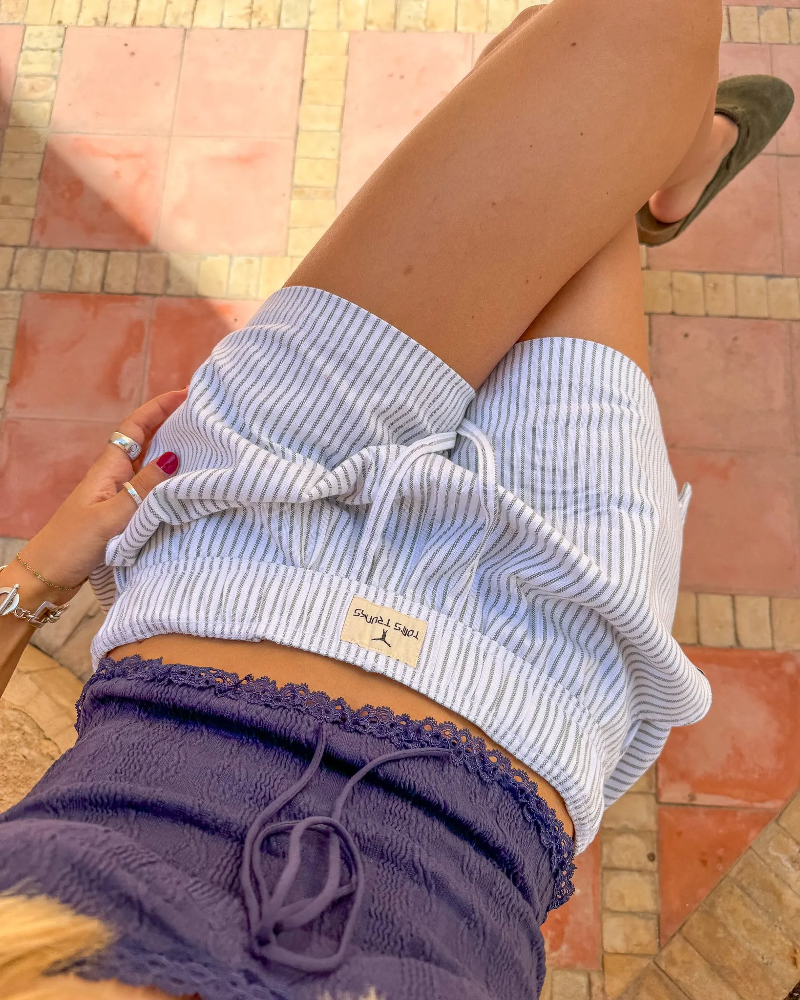 White & Green Pinstripe Short Shorts