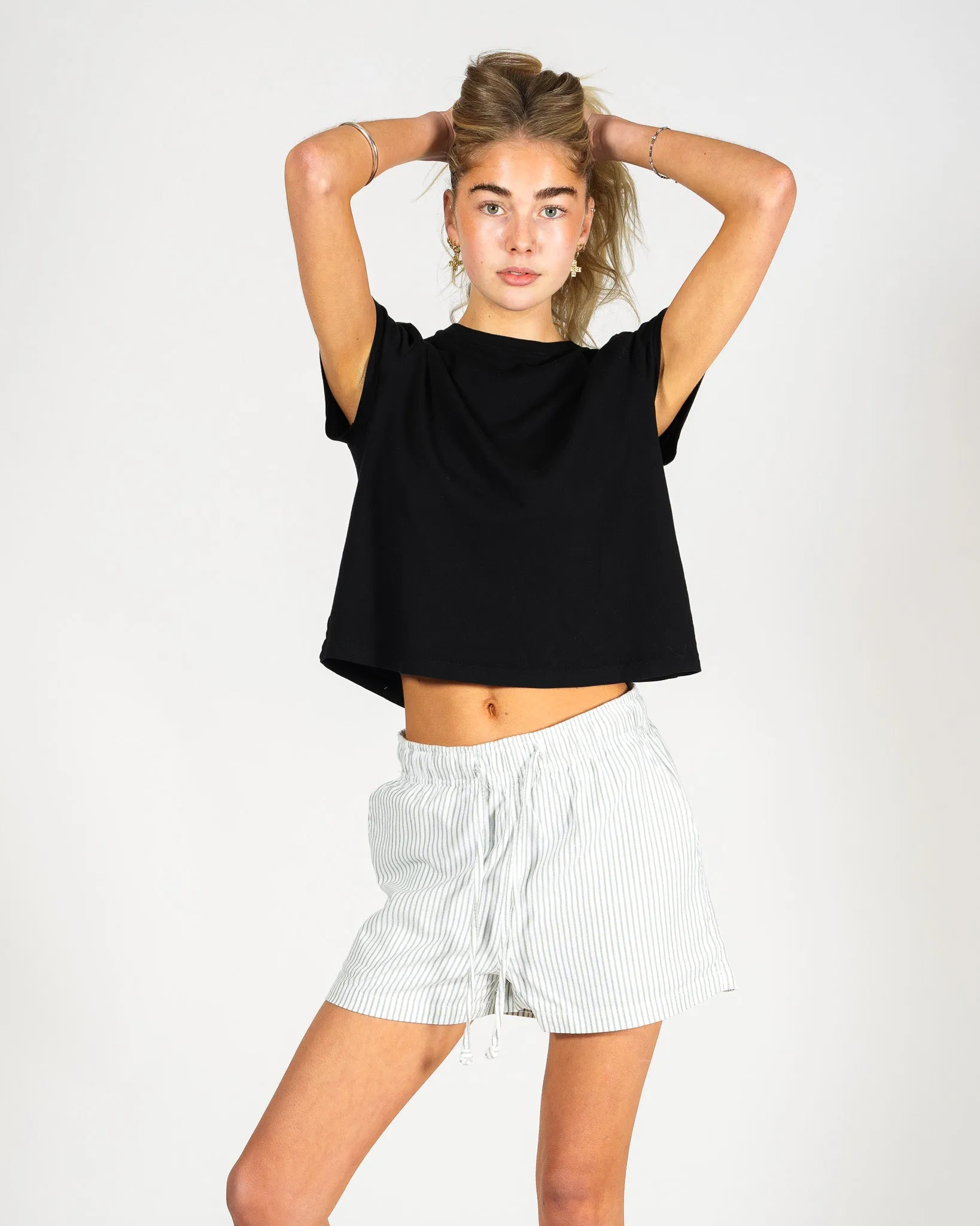 White & Green Pinstripe Short Shorts