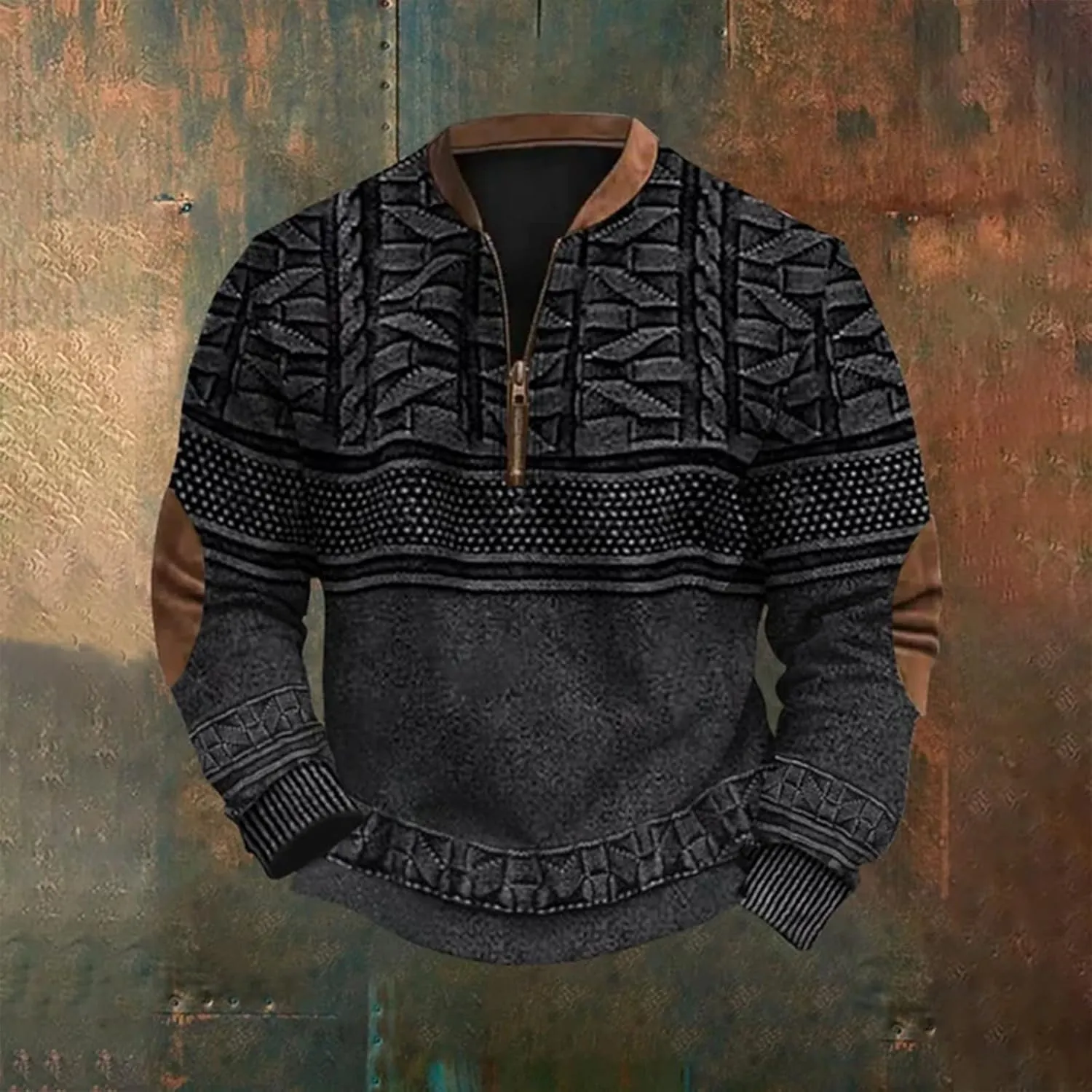 Whitecloths Life Clothing Men Vintage 3D Sweater Cable Knit Print Hoodie Whitecloths Stand Collar Zip-Up Sweatshirt