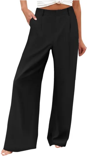 Wide Leg Dress Pants for Women Palazzo Comfy Fit Business Office Work Pants Casual Baggy Flowy Trousers with Pockets