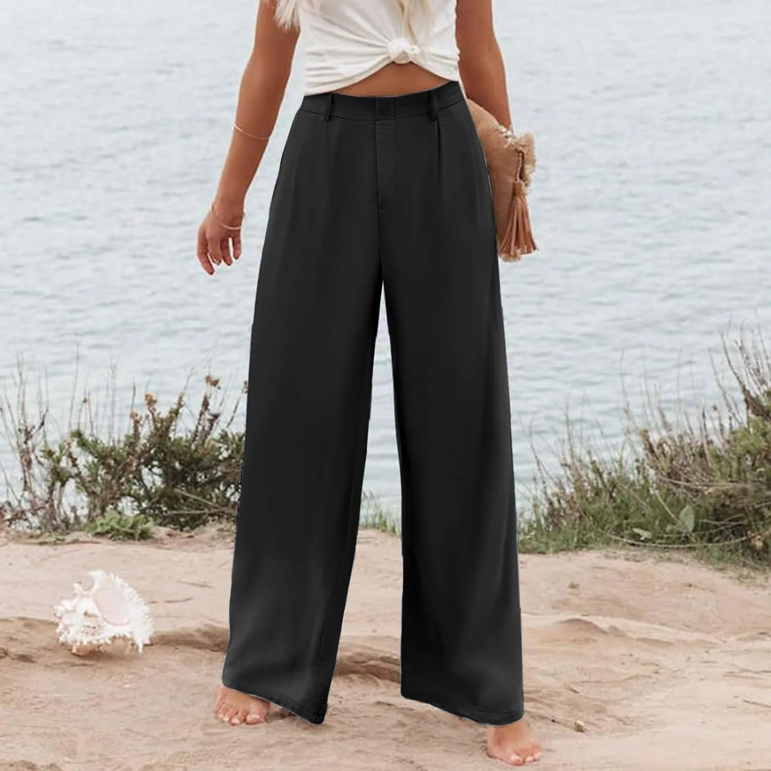 Wide Leg Dress Pants for Women Palazzo Comfy Fit Business Office Work Pants Casual Baggy Flowy Trousers with Pockets