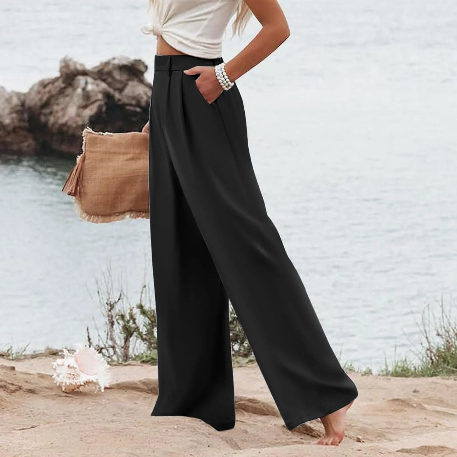 Wide Leg Dress Pants for Women Palazzo Comfy Fit Business Office Work Pants Casual Baggy Flowy Trousers with Pockets