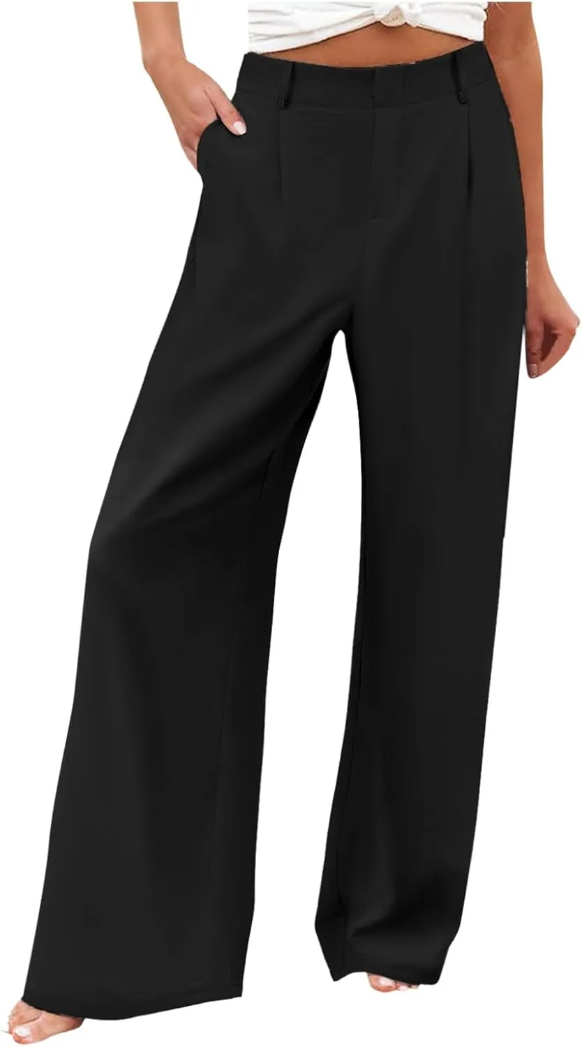 Wide Leg Dress Pants for Women Palazzo Comfy Fit Business Office Work Pants Casual Baggy Flowy Trousers with Pockets