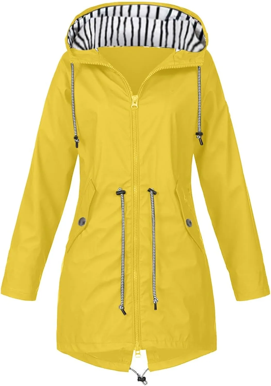 Windproof Jacket for Women Long Sleeve Raincoat Full Zip Up Button Hooded Plain Windbreaker with Pocket Plus Size Outdoor