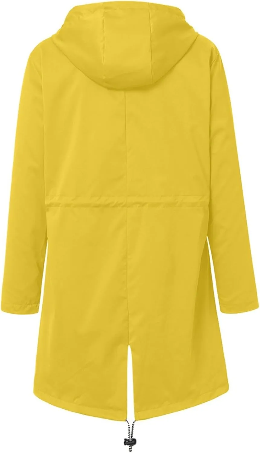 Windproof Jacket for Women Long Sleeve Raincoat Full Zip Up Button Hooded Plain Windbreaker with Pocket Plus Size Outdoor