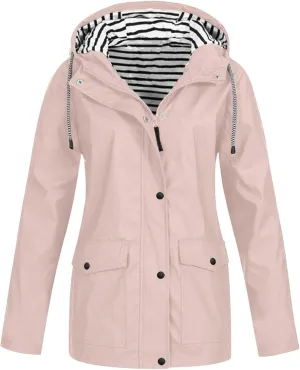 Windproof Jacket for Women Long Sleeve Raincoat Full Zip Up Button Hooded Plain Windbreaker with Pocket Winter Zipper Autumn