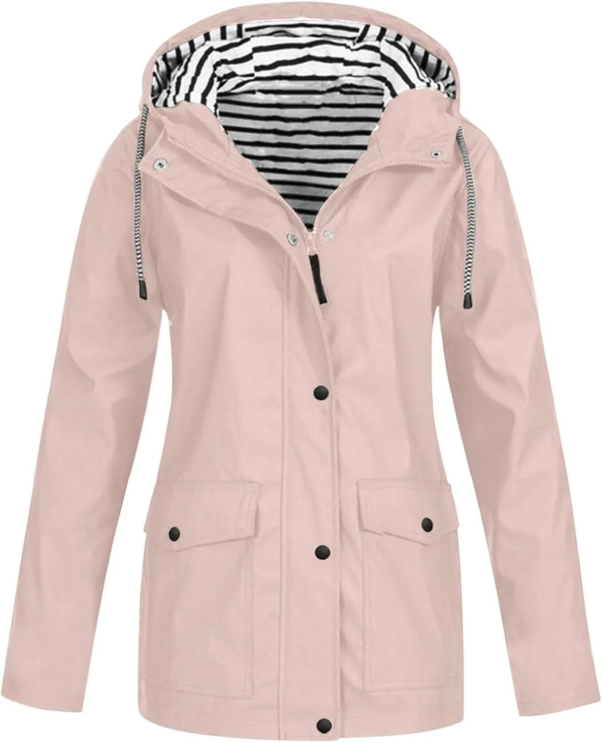 Windproof Jacket for Women Long Sleeve Raincoat Full Zip Up Button Hooded Plain Windbreaker with Pocket Winter Zipper Autumn