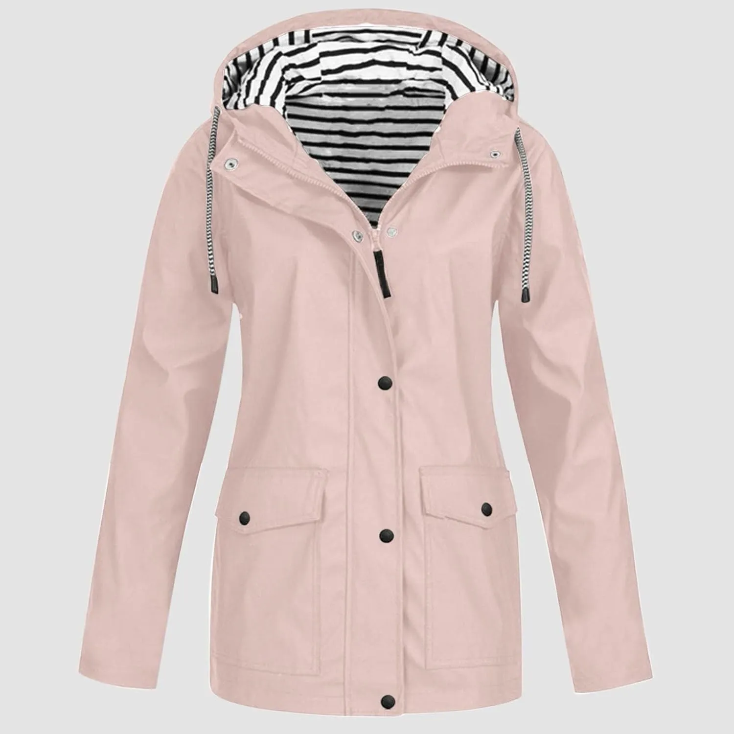 Windproof Jacket for Women Long Sleeve Raincoat Full Zip Up Button Hooded Plain Windbreaker with Pocket Winter Zipper Autumn