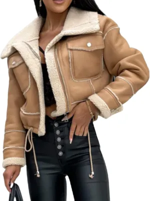 Winter Clothes Women Leather Open Front Jacket Contrast Color Plush Collar Cardigan with Belt Outwear Streetwear