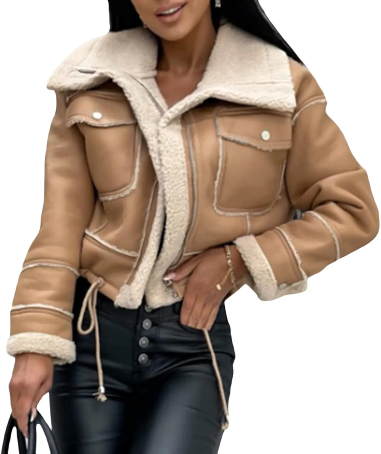 Winter Clothes Women Leather Open Front Jacket Contrast Color Plush Collar Cardigan with Belt Outwear Streetwear