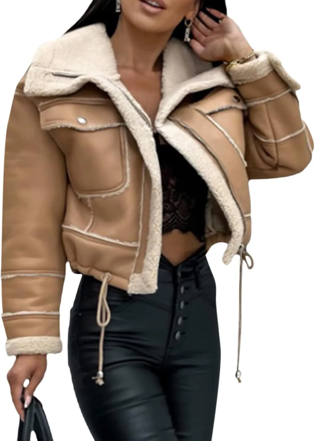 Winter Clothes Women Leather Open Front Jacket Contrast Color Plush Collar Cardigan with Belt Outwear Streetwear