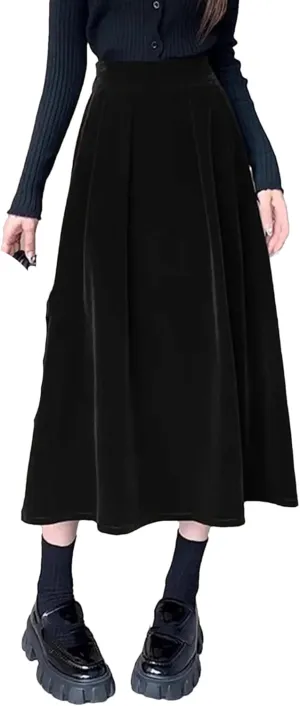 Winter Warm Fleece Vinatge A-Line Skirts for Women Elegant High Waist Black Ladies Fashion Midi Pleated Skirt