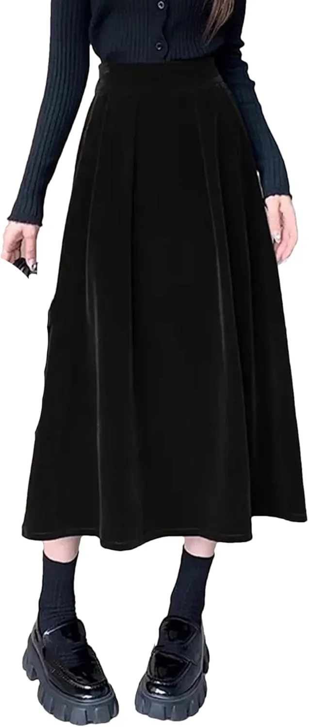 Winter Warm Fleece Vinatge A-Line Skirts for Women Elegant High Waist Black Ladies Fashion Midi Pleated Skirt