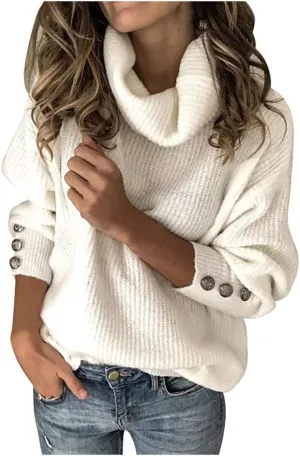 Women 2023 Fall Turtleneck Sweater Solid Long Sleeve Pullover Sweater Winter Chunky Knit Jumper Top Oversize Sweater