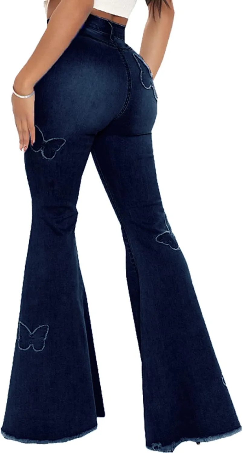 Women Bell Bottom Jeans High Waisted Flare Jean Ripped Hole Classic Denim Bell Bottom Pants