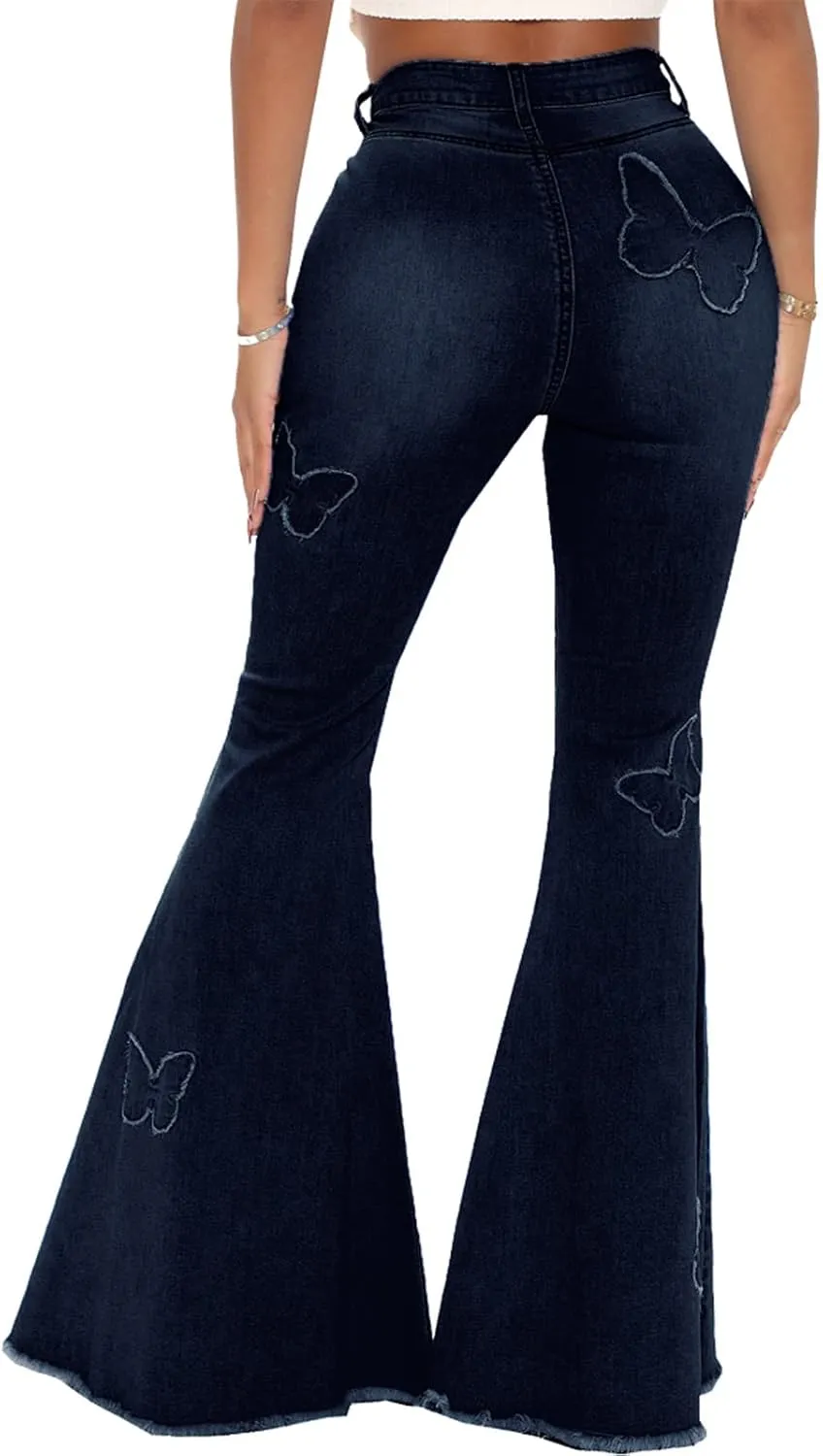 Women Bell Bottom Jeans High Waisted Flare Jean Ripped Hole Classic Denim Bell Bottom Pants