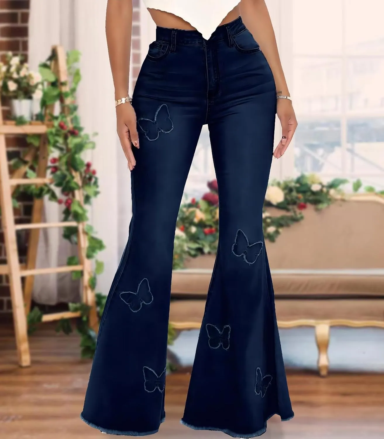 Women Bell Bottom Jeans High Waisted Flare Jean Ripped Hole Classic Denim Bell Bottom Pants