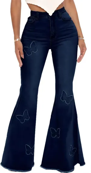 Women Bell Bottom Jeans High Waisted Flare Jean Ripped Hole Classic Denim Bell Bottom Pants