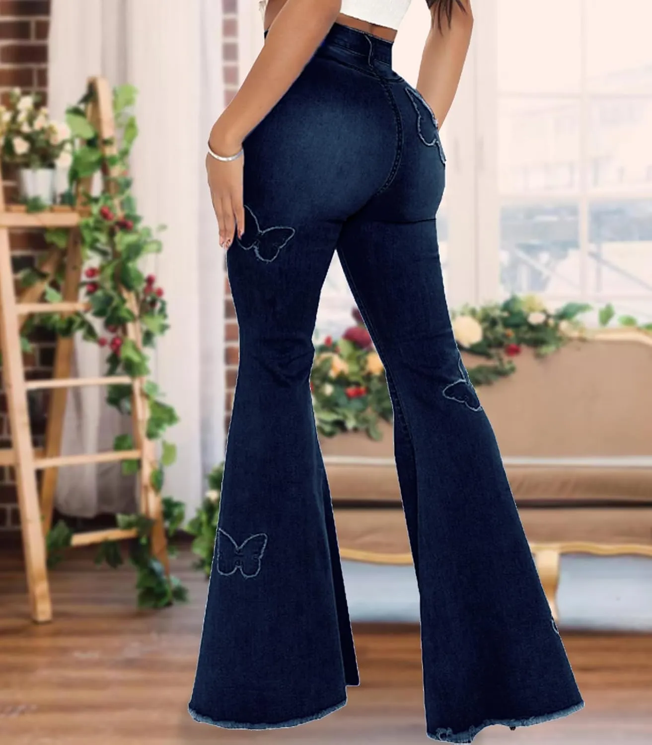 Women Bell Bottom Jeans High Waisted Flare Jean Ripped Hole Classic Denim Bell Bottom Pants