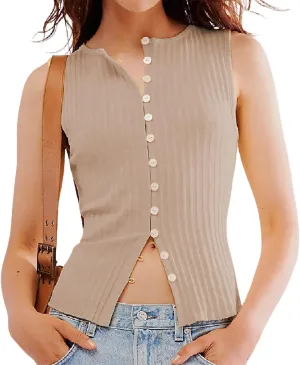 Women Button Down Knit Sweater Vest Crew Neck Sleeveless Solid Slim Fit Causal Going Out Tank Top Knitwear Fall