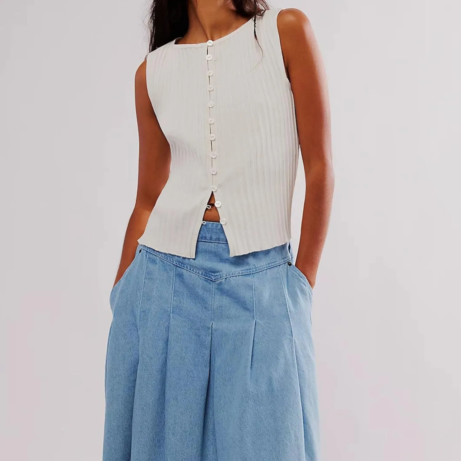 Women Button Down Knit Sweater Vest Crew Neck Sleeveless Solid Slim Fit Causal Going Out Tank Top Knitwear Fall