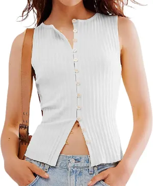 Women Button Down Knit Sweater Vest Crew Neck Sleeveless Solid Slim Fit Causal Going Out Tank Top Knitwear Fall