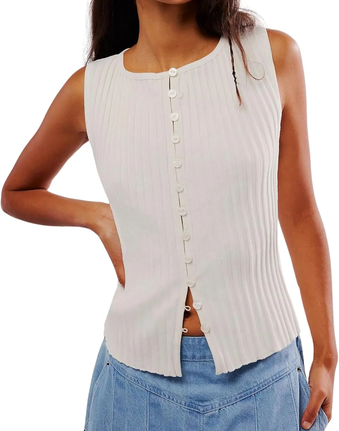 Women Button Down Knit Sweater Vest Crew Neck Sleeveless Solid Slim Fit Causal Going Out Tank Top Knitwear Fall