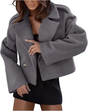 Women Crop Pea Coat Wool Blend Lapel Collar Jacket Office Work Short Winter Trench Coat Casual Fashion Outfits
