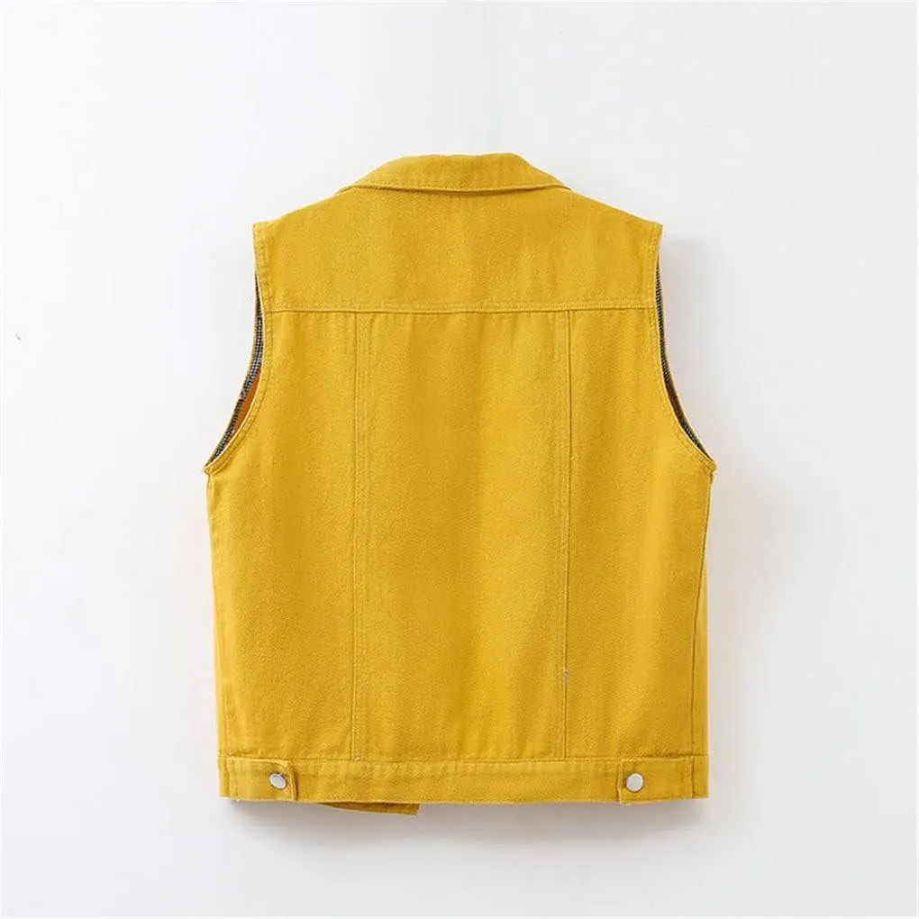 Women Denim Vest Spring Autumn Casual Hole Nail Bead Sleeveless Jacket Short Jean Waistcoat