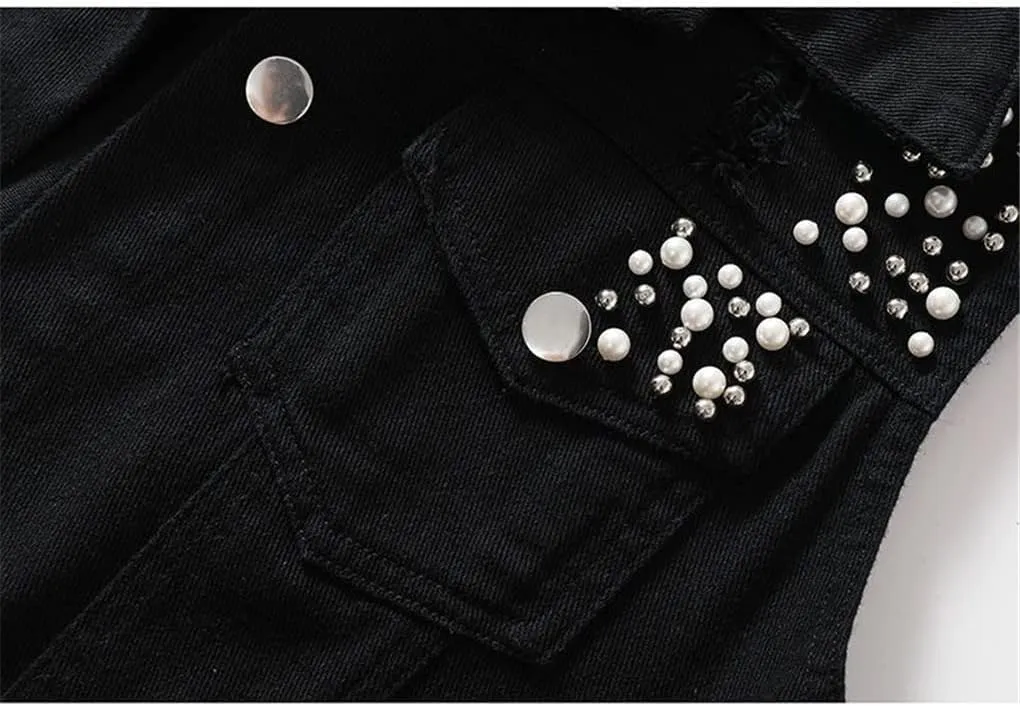 Women Denim Vest Spring Autumn Casual Hole Nail Bead Sleeveless Jacket Short Jean Waistcoat