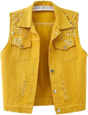 Women Denim Vest Spring Autumn Casual Hole Nail Bead Sleeveless Jacket Short Jean Waistcoat