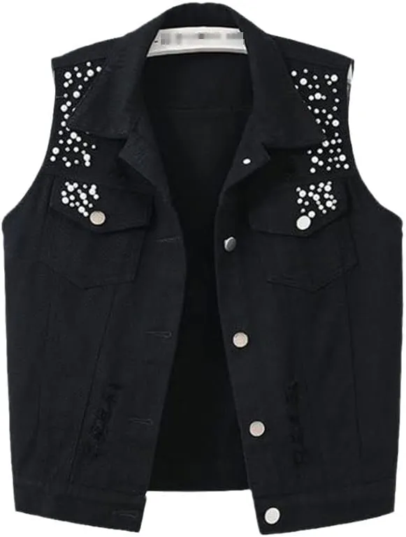 Women Denim Vest Spring Autumn Casual Hole Nail Bead Sleeveless Jacket Short Jean Waistcoat
