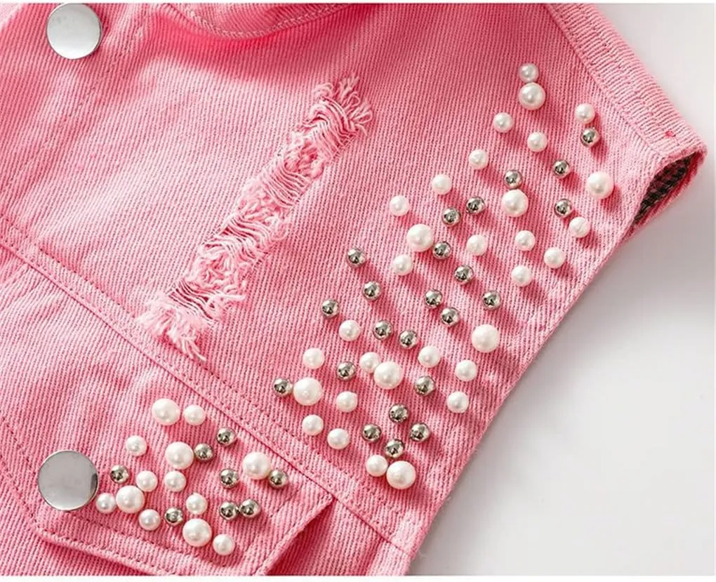 Women Denim Vest Spring Autumn Casual Hole Nail Bead Sleeveless Jacket Short Jean Waistcoat